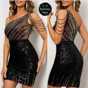 Black Contrast Sequin Evening Dress
